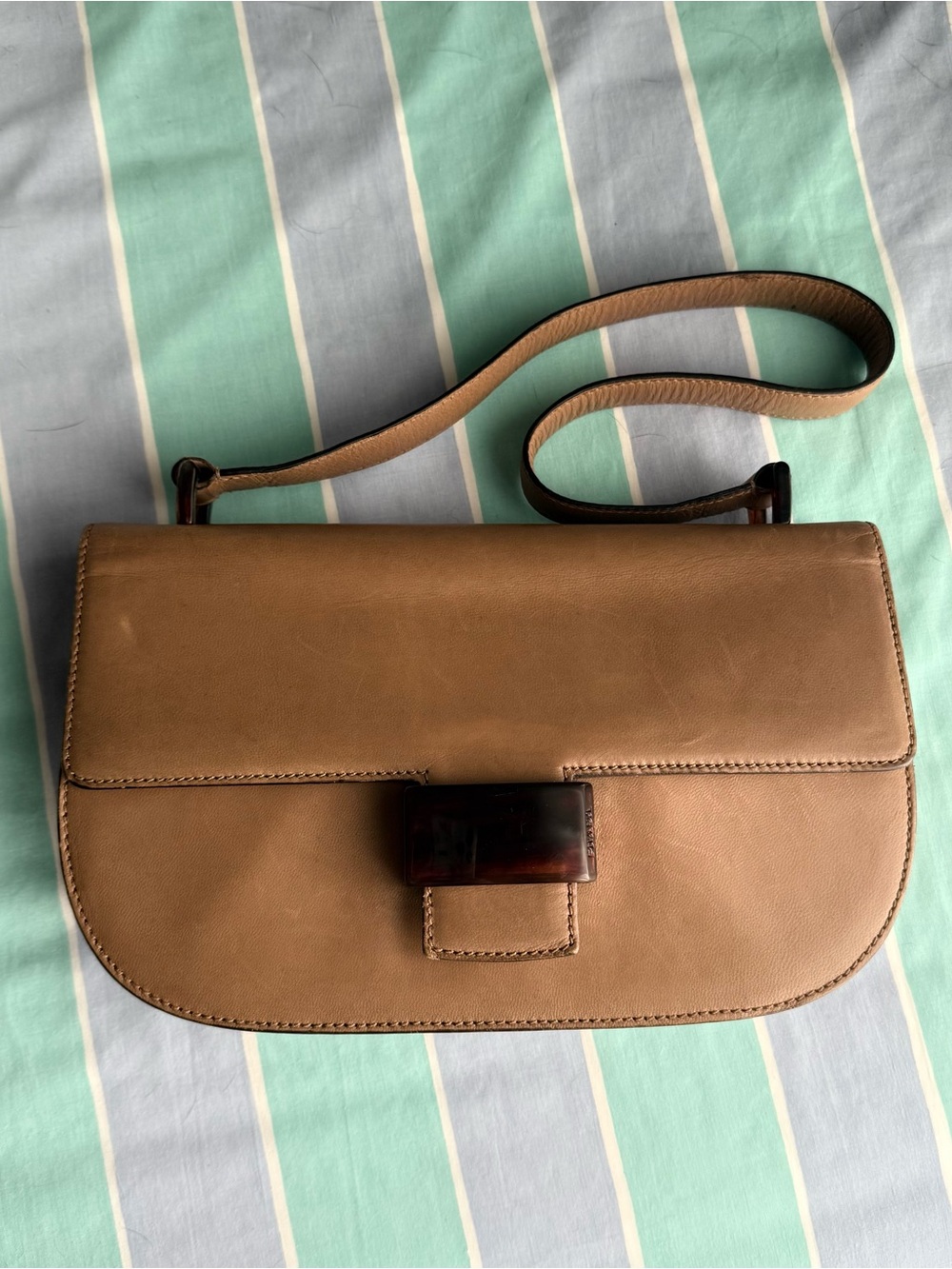 Prada Tan Leather Shoulder Bag with Tortoiseshell Closure